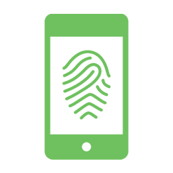 A green pixel art style picture of a phone with an image of a fingerprint on it.