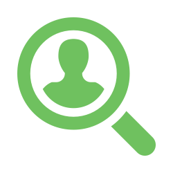 A green icon of a person with a magnifying glass.
